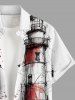 Plus Size Seascape Bird Light House Graffiti Print Buttons Pocket Hawaii Shirt For Men -  