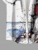 Plus Size Seascape Bird Light House Graffiti Print Buttons Pocket Hawaii Shirt For Men -  