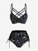 Spider Web Bat Print Lattice Crisscross Lace Up Tankini Swimsuit -  