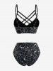 Spider Web Bat Print Lattice Crisscross Lace Up Tankini Swimsuit -  