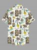 Chemise hawaïenne grande taille pour homme, imprimé ethnique feuille de cocotier et masque soleil, boutons et poche. - Vert clair 6XL