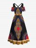 Plus Size Ethnic Geometric Pattern Print Cold Shoulder Crisscross Hawaii Maxi Dress -  