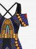 Plus Size Ethnic Geometric Pattern Print Cold Shoulder Crisscross Hawaii Maxi Dress -  