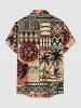 Chemise hawaïenne grande taille pour homme, à imprimé géométrique ethnique cocotier et paysage marin, boutons et poche. - Bronze S