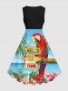 Robe trapèze grande taille à imprimé tropical, fleurs et perroquets, style hawaïen - Bleu Ciel 1X