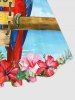 Plus Size Tropical Leaf Flower Parrot Sea Print Hawaii Swing A Line Dress -  