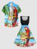 Robe trapèze grande taille à imprimé tropical, fleurs et perroquets, style hawaïen - Bleu Ciel 1X