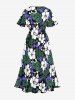 Plus Size Tropical Leaf Hibiscus Flower Print Hawaii Split Pocket A Line Midi Dress -  