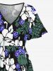 Plus Size Tropical Leaf Hibiscus Flower Print Hawaii Split Pocket A Line Midi Dress -  