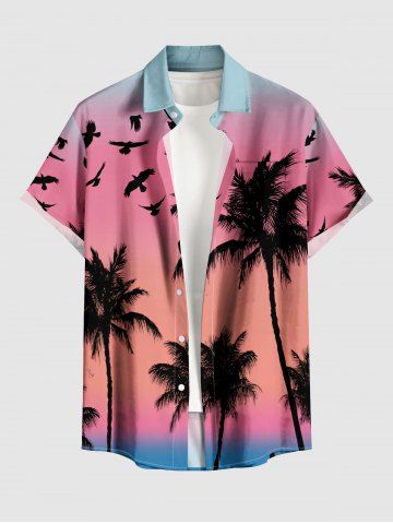 Plus Size Coconut Tree Bird Ombre Print Buttons Pocket Hawaii Shirt For Men - PINK - 6XL
