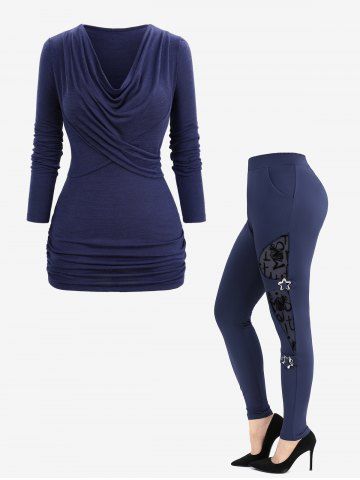 Surplice Ruched Cowl Neck Top and Flocking Mesh Star Buckle Leggings Plus Size Outfit - DEEP BLUE