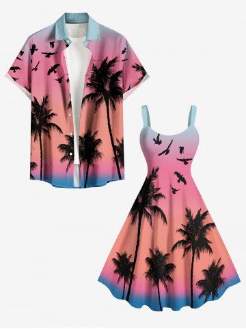 Tenue de plage hawaïenne assortie pour couples, imprimé ombré cocotier et oiseaux, grandes tailles - PINK