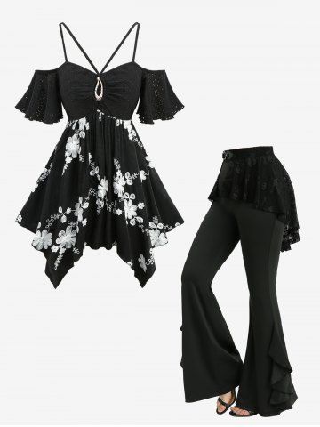 Ensemble grande taille composé d'un haut brodé de fleurs en jacquard ajouré et d'un pantalon évasé à volants et superposition de résille à motifs de crânes - BLACK