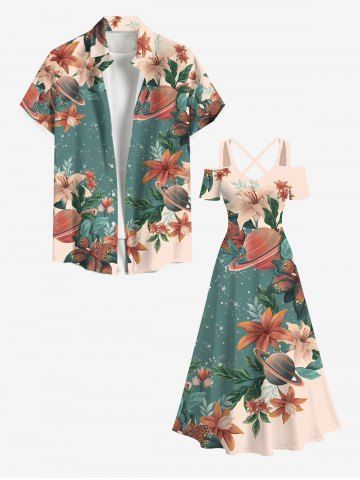 Ensemble de plage hawaïen assorti pour couples, imprimé fleurs, papillons et planètes, grandes tailles