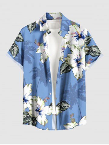 Plus Size Coconut Tree Hibiscus Flower Leaf Print Hawaii Button Pocket Shirt For Men - BLUE - M