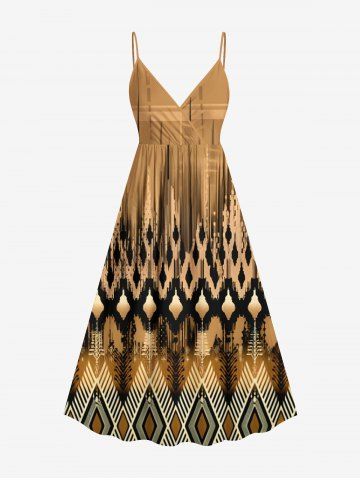 Robe débardeur trapèze à imprimé géométrique et ethnique grande taille, style hawaïen, cache-cœur. - LIGHT BROWN - 6X