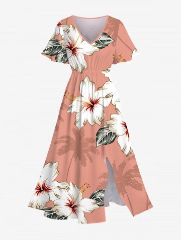 Plus Size Coconut Tree Flower Leaf Print Hawaii Split Pocket A Line Midi Dress - LIGHT CORAL - XXS
