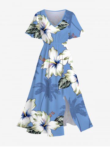 Robe midi trapèze grande taille à imprimé feuilles et fleurs de cocotier, style hawaïen, avec poches fendues - BLUE - XXS