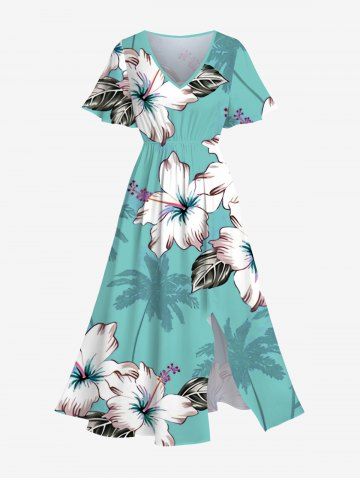 Robe midi trapèze grande taille à imprimé feuilles et fleurs de cocotier, style hawaïen, avec poches fendues - DARK TURQUOISE - XS