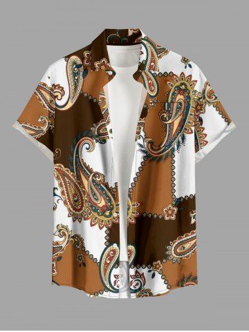 Plus Size Paisley Geometric Colorblock Print Hawaii Button Pocket Shirt For Men - BROWN - S