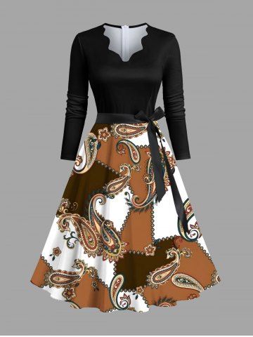 Plus Size Paisley Geometric Colorblock Print Hawaii Scalloped Neck A Line Dress with Removable Belt - BROWN - M