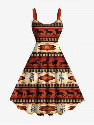Robe débardeur hawaïenne grande taille à motif ethnique, plumes de cheval et attrape-rêves - LIGHT BROWN - M