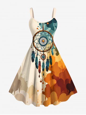 Robe débardeur hawaïenne grande taille à imprimé attrape-rêves et plumes - LIGHT COFFEE - 4X