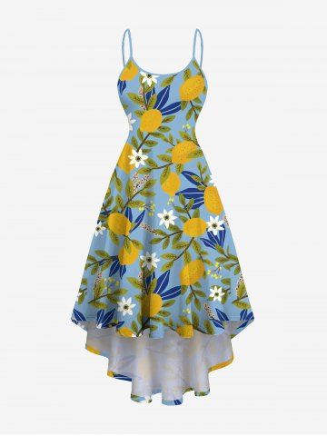 Robe hawaïenne asymétrique à imprimé de feuilles de citronnier et de fleurs grande taille - PEACOCK BLUE - 4X