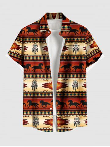 Chemise hawaïenne grande taille pour homme, à motif ethnique, plumes de cheval et attrape-rêves, boutons et poche. - LIGHT BROWN - M