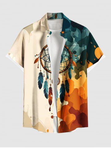 Chemise hawaïenne grande taille pour homme, ornée d'un attrape-rêves, de plumes et d'éclaboussures de peinture, avec boutons et poche. - LIGHT COFFEE - M