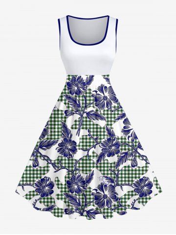Plus Size Flower Leaf Plaid Print Hawaii Vintage Swing A Line Dress - MULTI-A - 5X