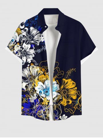 Chemise à poches boutonnées grande taille pour homme, imprimée de fleurs aquarelles. - BLACK - L