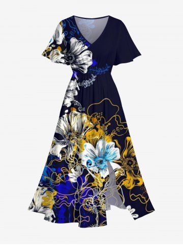 Robe midi trapèze grande taille à imprimé floral aquarelle et poches fendues - BLACK - 6X