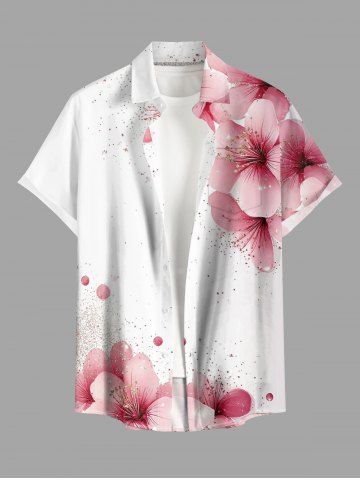 Chemise hawaïenne grande taille pour homme, à imprimé floral et éclaboussures de peinture, boutons et poche. - WHITE - M