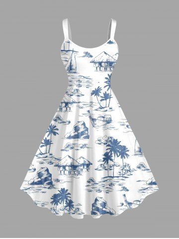 Robe débardeur hawaïenne à imprimé cocotier et voilier en pierre, grande taille - WHITE - M