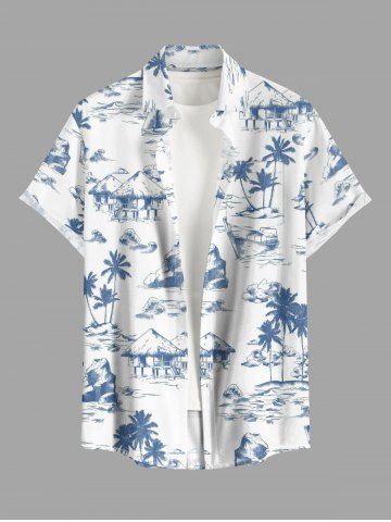 Plus Size Coconut Tree Sailboat Stone Print Buttons Pocket Hawaii Shirt For Men - WHITE - M