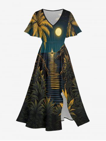 Robe midi fendue hawaïenne grande taille à imprimé cocotier, lune et voilier - PEACOCK BLUE - XXS