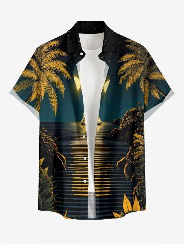 Chemise hawaïenne grande taille pour homme, imprimé cocotier, lune et voilier, boutons et poche. - PEACOCK BLUE - 3XL