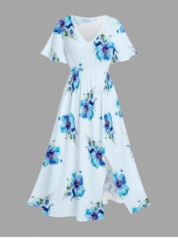 Robe mi-longue hawaïenne fendue à imprimé floral grande taille - LIGHT BLUE - 2X