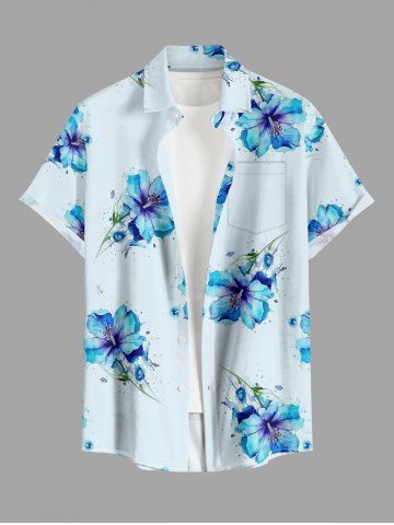 Chemise hawaïenne grande taille à imprimé floral, boutons et poches pour homme - LIGHT BLUE - 6XL