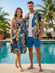 Flower Curve Ethnic Graphic Print Plus Size Matching Hawaii Beach Outfit For Couples -  