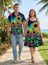 Sunflowers Leaf Galaxy Print Plus Size Matching Hawaii Beach Outfit For Couples -  
