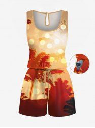 Plus Size Coconut Tree Light Spot Print Cinched Hawaii Romper -  