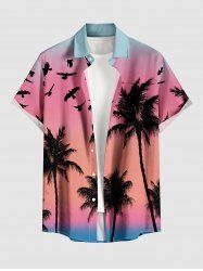 Chemise hawaïenne grande taille pour homme, imprimé ombré cocotier et oiseaux, boutons et poche. - Rose  5XL