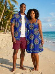 Flower Pattern Print Plus Size Matching Hawaii Beach Outfit For Couples -  