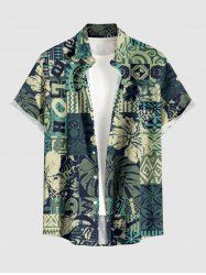 Chemise hawaïenne grande taille pour homme, à imprimé ethnique tropical et fleurs d'hibiscus, avec boutons et poche. - Vert profond 6XL