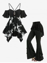 Ensemble grande taille composé d'un haut brodé de fleurs en jacquard ajouré et d'un pantalon évasé à volants et superposition de résille à motifs de crânes - Noir 