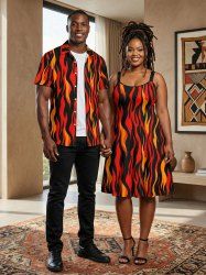 Ethnic Fire Flame Print Plus Size Matching Hawaii Beach Outfit For Couples -  
