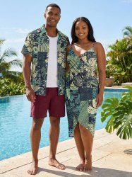 Hibiscus Flower Tropical Leaf Ethnic Print Plus Size Matching Hawaii Beach Outfit For Couples -  