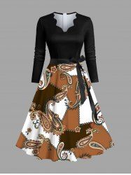 Plus Size Paisley Geometric Colorblock Print Hawaii Scalloped Neck A Line Dress with Removable Belt -  